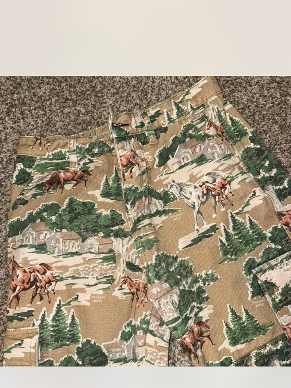 Dairy boy Horse & Landscape Print Cargo jeans in Tan and I Green